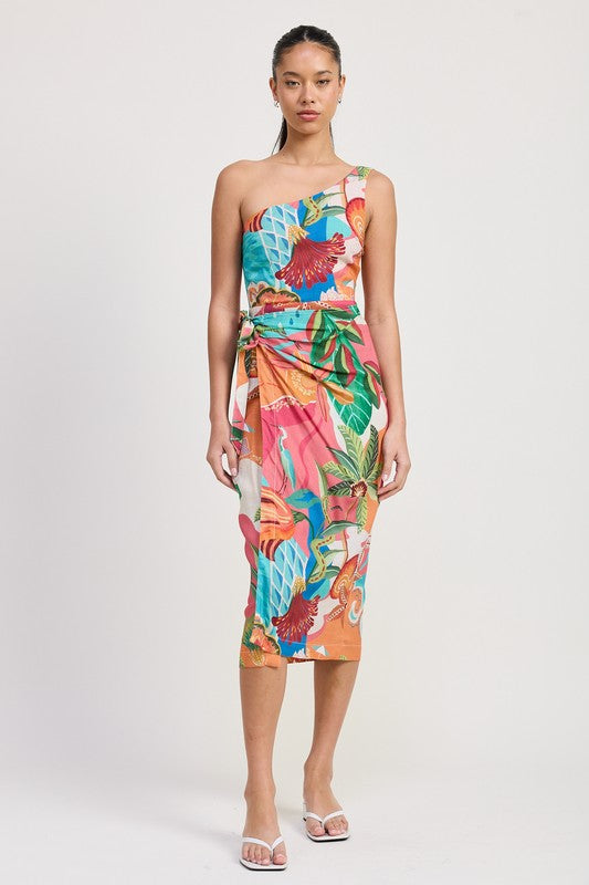 ONE SHOULDER WRAPPED MIDI DRESS