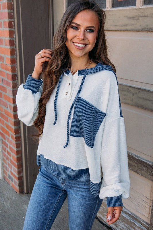 Women Colorblock Patch Pocket Drawstring Hooded