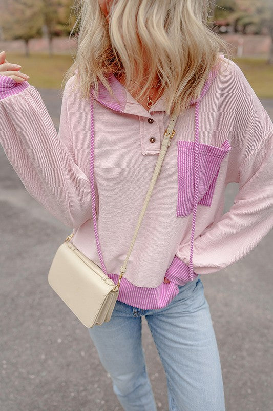 Women Colorblock Patch Pocket Drawstring Hooded