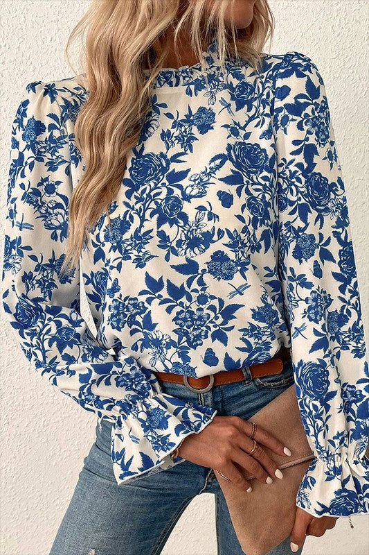 Women Floral Print Flounce Sleeve Keyhole Blouse