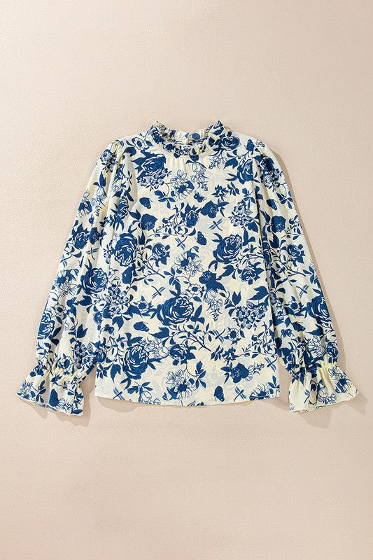 Women Floral Print Flounce Sleeve Keyhole Blouse