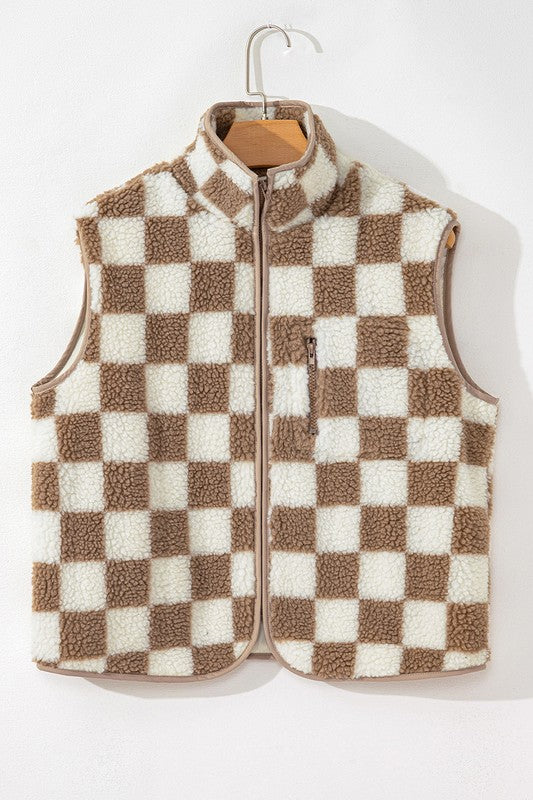 Women Khaki Checkered Sherpa Collared Jacket Vest