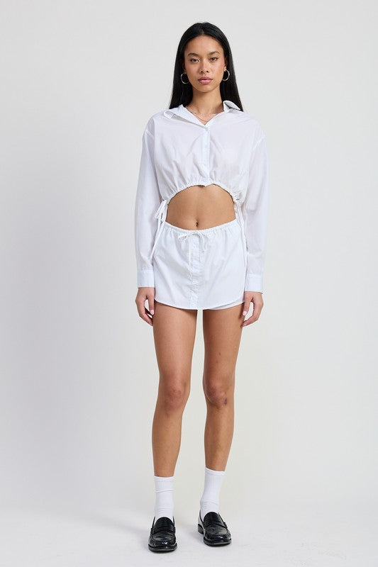 BUTTON UP CROPPED SHIRT WITH DRAWSTRINGS