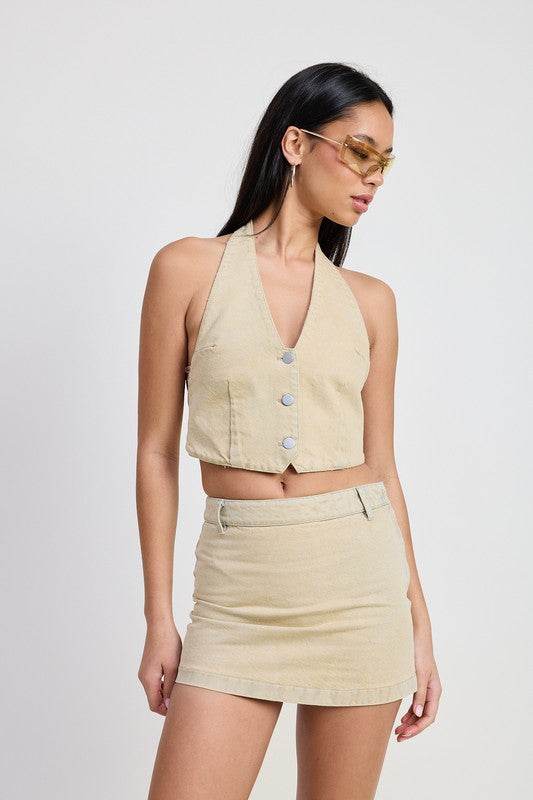 BUTTON DOWN HALTER NECK TOP