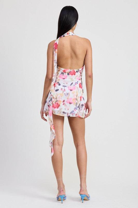 MINI HALTER NECK FLORAL DRESS