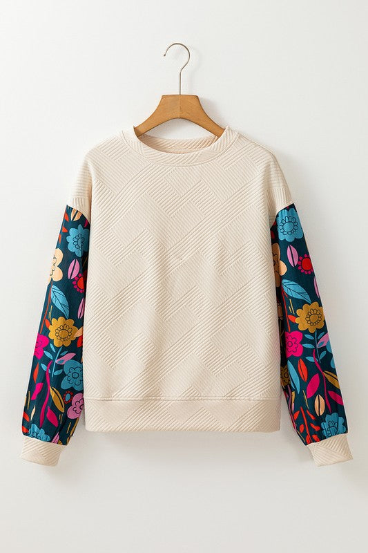 Contrast Floral Sleeve Textured Top Sweatshirts