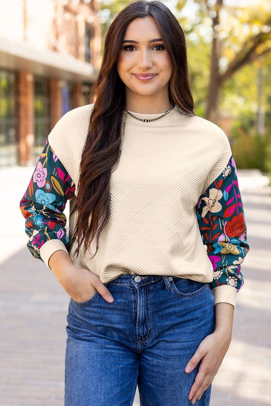 Contrast Floral Sleeve Textured Top Sweatshirts