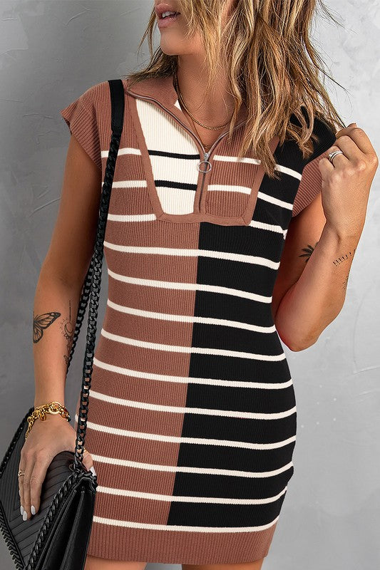 Color Block Short Sleeve Quarter Zip Mini Dress