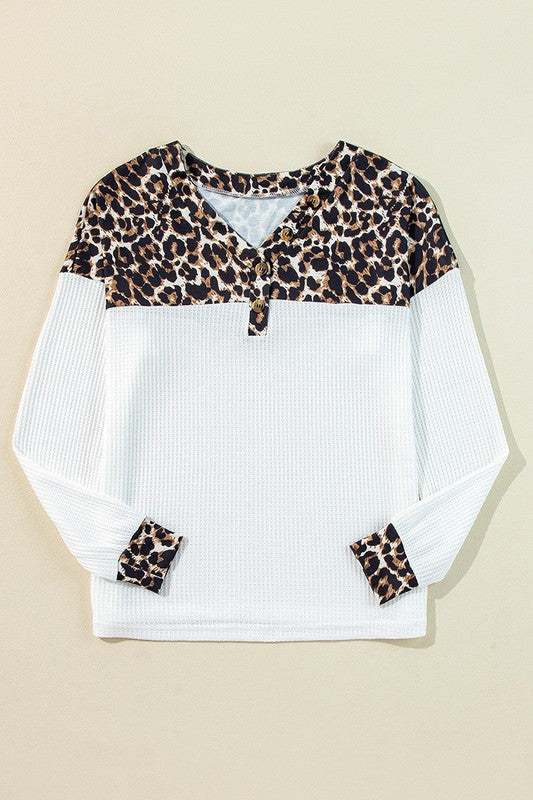 Leopard Waffle Knit Patchwork Button Sweatshirts