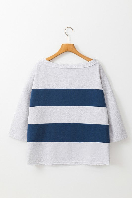 Striped Patchwork 3/4 Sleeve Raw Seamed Sweatshirt