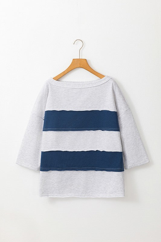 Striped Patchwork 3/4 Sleeve Raw Seamed Sweatshirt