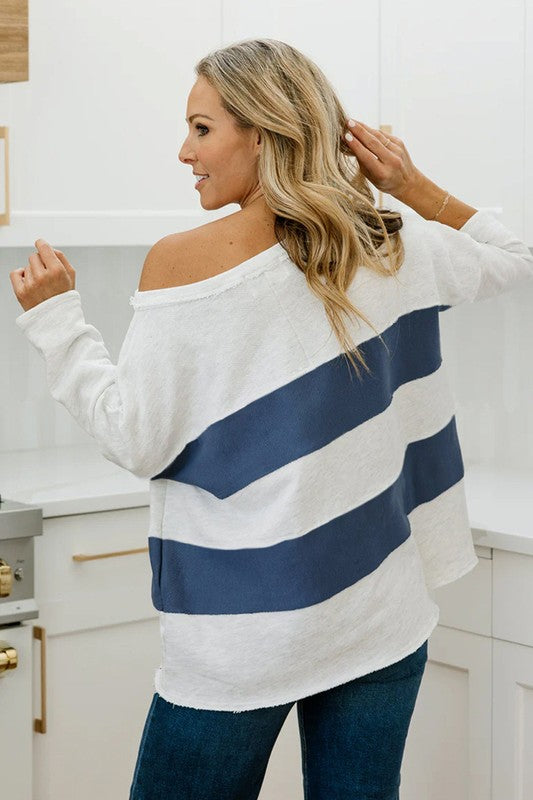 Striped Patchwork 3/4 Sleeve Raw Seamed Sweatshirt