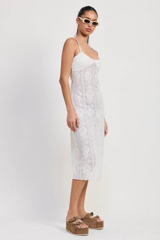 SPAGHETTI STRAP LACE MIDI DRESS