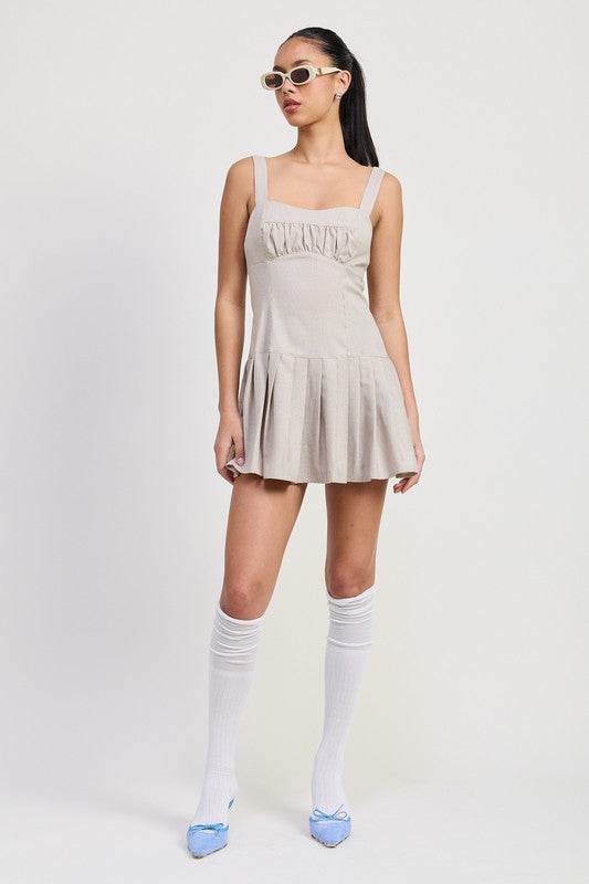 PLEATED MINI DRESS WITH BACK TIES