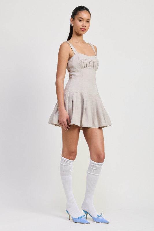 PLEATED MINI DRESS WITH BACK TIES