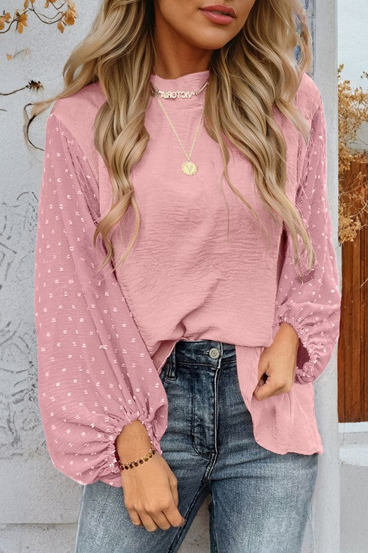 Women Swiss Dot Balloon Sleeve Loose Blouse