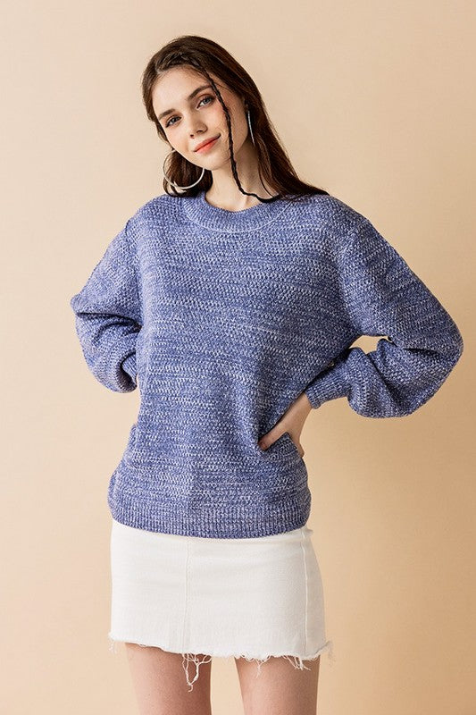 Plus Round Neck Balloon Sleeve Heathered Sweater