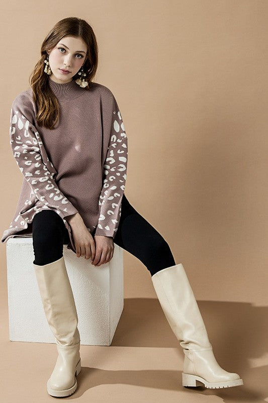Plus Oversize MockNeck Leopard Print Sweater Tunic