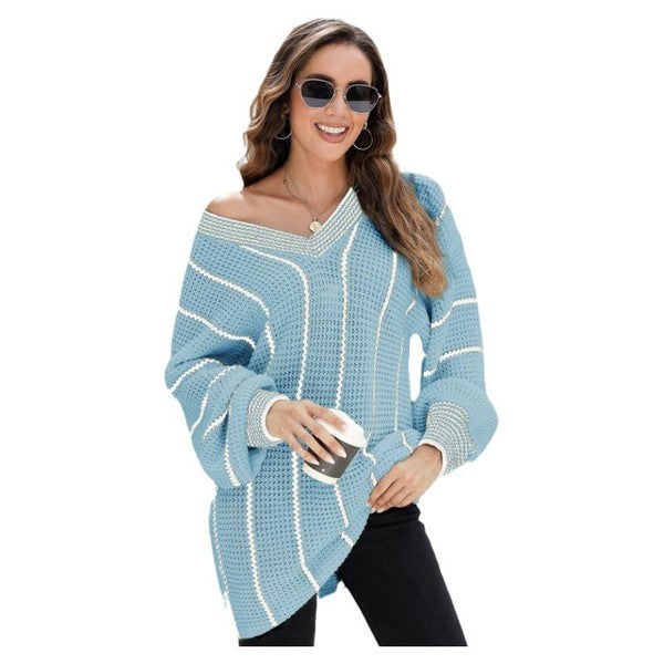 Women Striped V Neck Knitted Loose Sweater