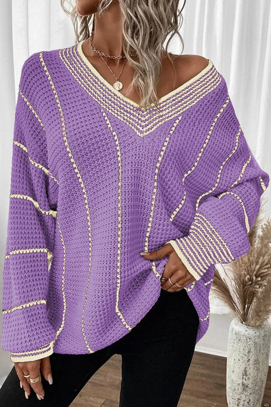 Women Striped V Neck Knitted Loose Sweater