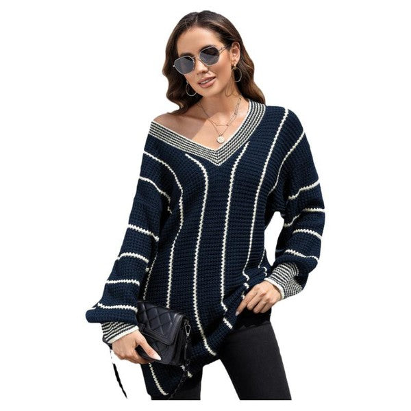 Women Striped V Neck Knitted Loose Sweater