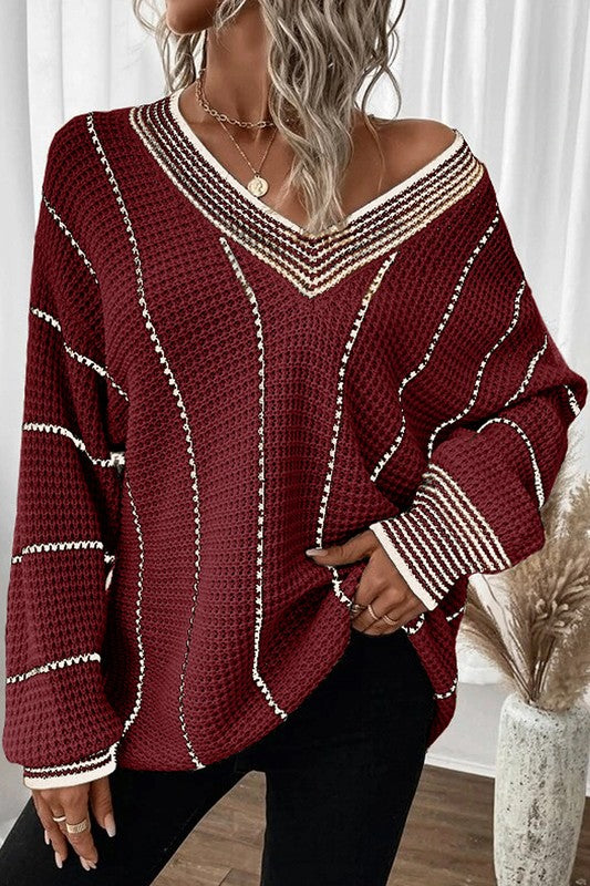 Women Striped V Neck Knitted Loose Sweater