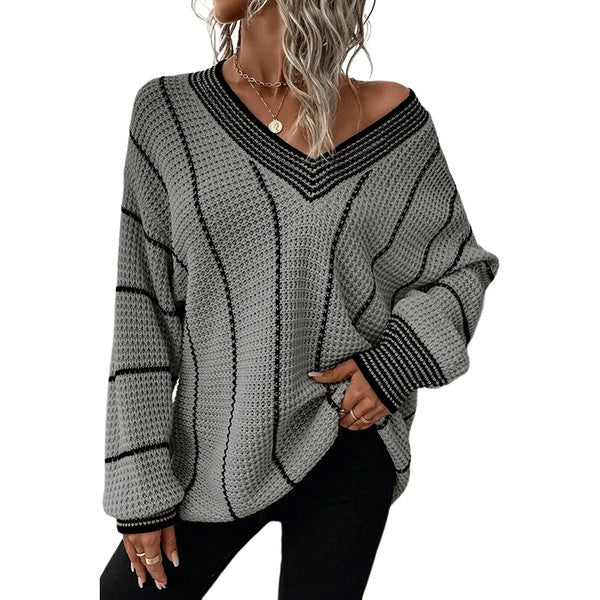 Women Striped V Neck Knitted Loose Sweater