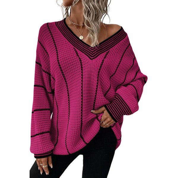 Women Striped V Neck Knitted Loose Sweater