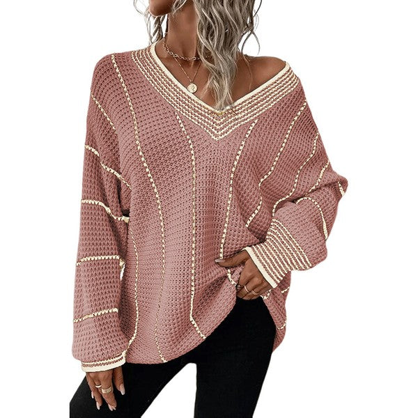 Women Striped V Neck Knitted Loose Sweater