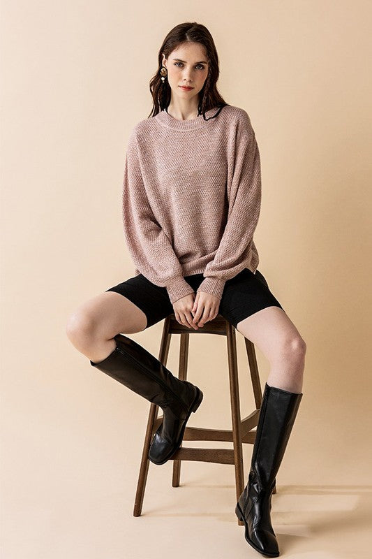 Round Neck Balloon Sleeve Heathered Sweater