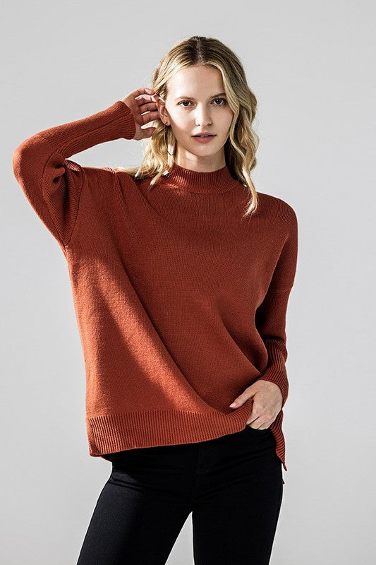 Mock Neck Balloon Sleeve Side Slit Sweater