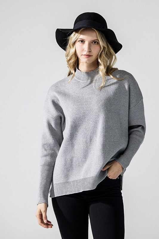 Plus Mock Neck Balloon Sleeve Side Slit Sweater