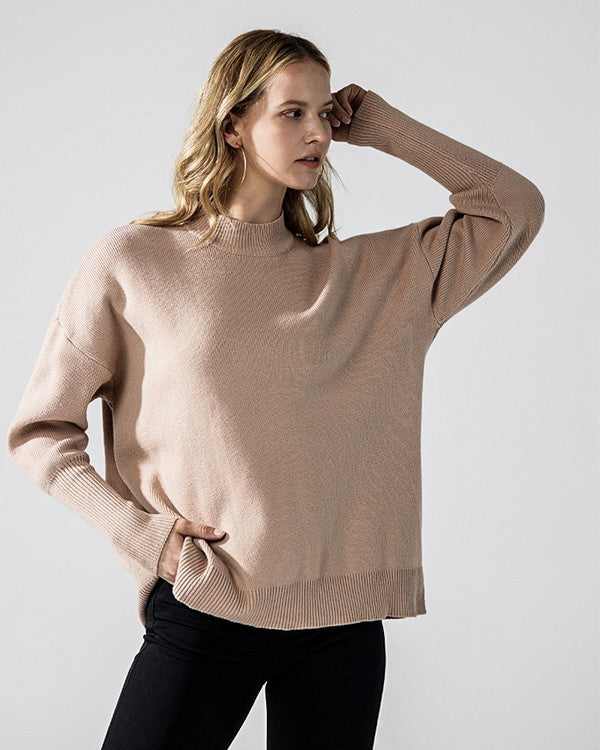 Plus Mock Neck Balloon Sleeve Side Slit Sweater