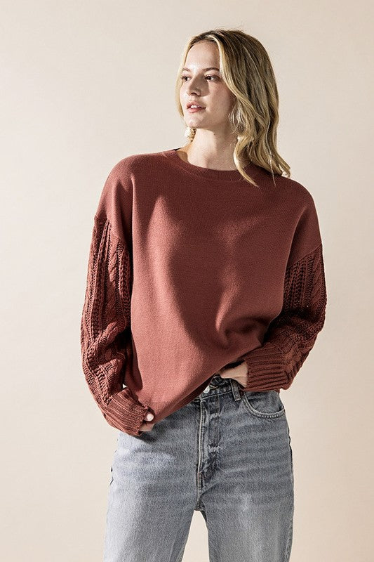 Plus Cozy Solid Body Contrast Cable Knit Sweater