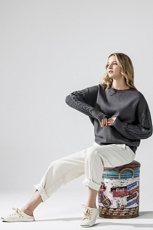 Plus Cozy Solid Body Contrast Cable Knit Sweater
