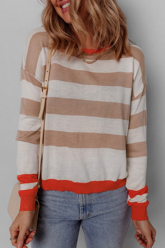 Women Striped Round Neck Drop Shoulder Sweater