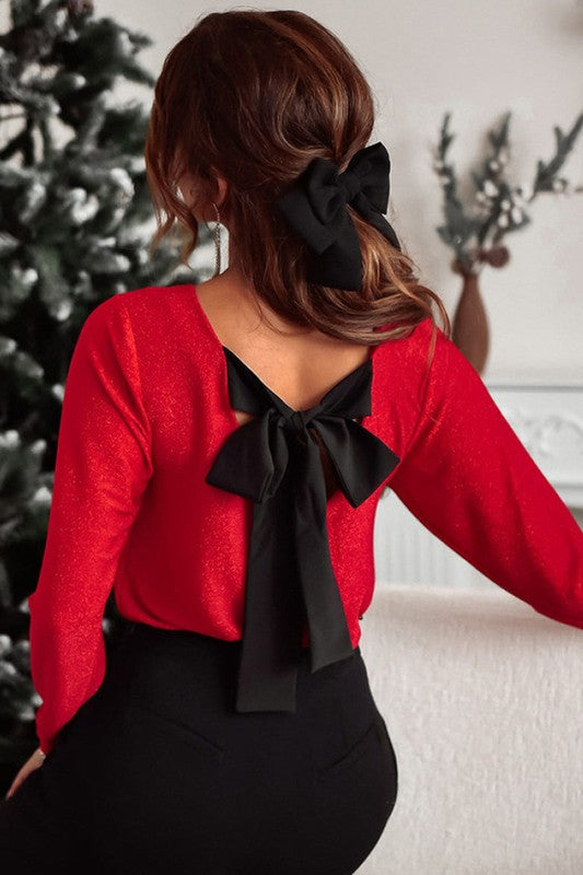 Women Metallic Bowknot Open Back V Neck Top Shirt