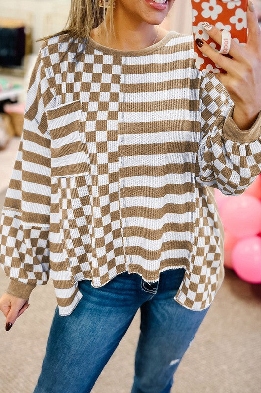 Women Striped Patchwork Lantern Sleeve Sweatshirts