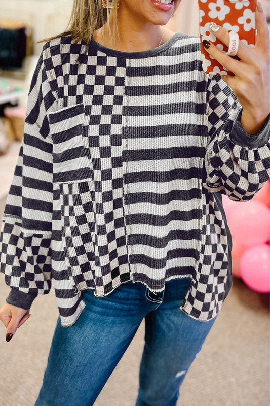 Women Striped Patchwork Lantern Sleeve Sweatshirts