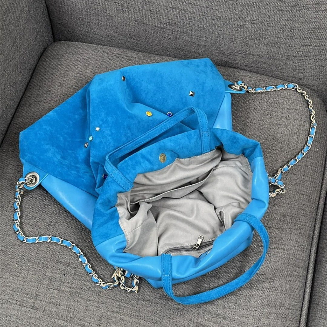 Women's bag matte suede backpack purse, splicing colored gemstone chain backpack, drawstring portable backpack