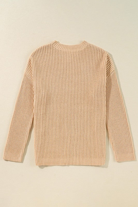 Women Knit Drop Shoulder Side Slits Loose Sweater