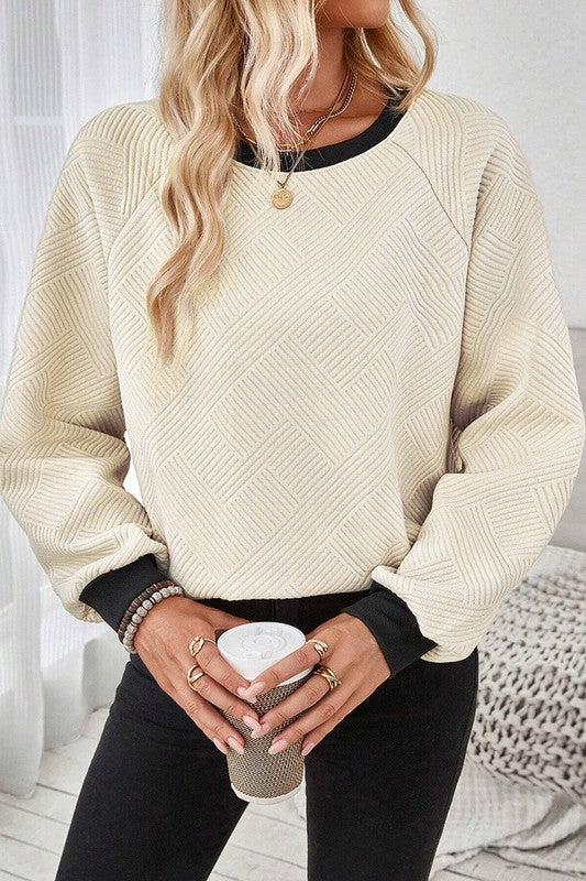 Women Raglan Sleeve Crew Neck Textured Sweatshirts