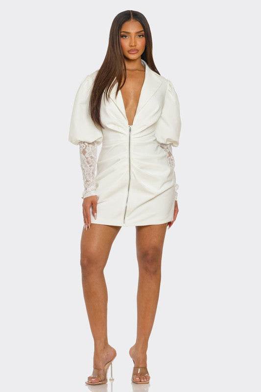 HALF PACK White Puff-Sleeve Zip-Up Dress