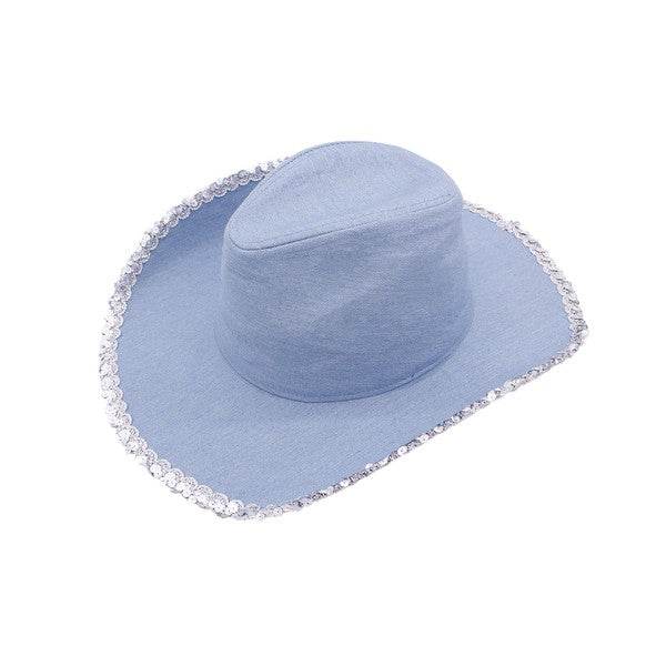 SILVER SEQUIN TRIM DENIM COWBOY HAT