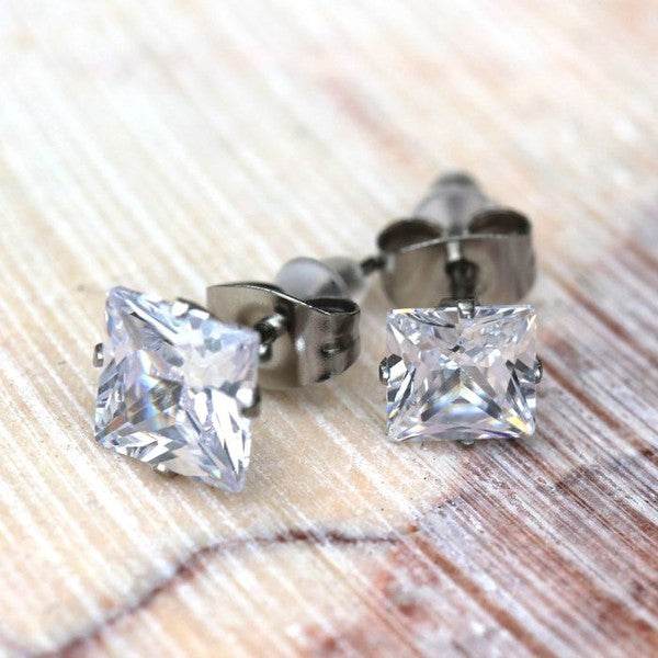 Pair of 316L Surgical Steel Clear Princess Cut CZ