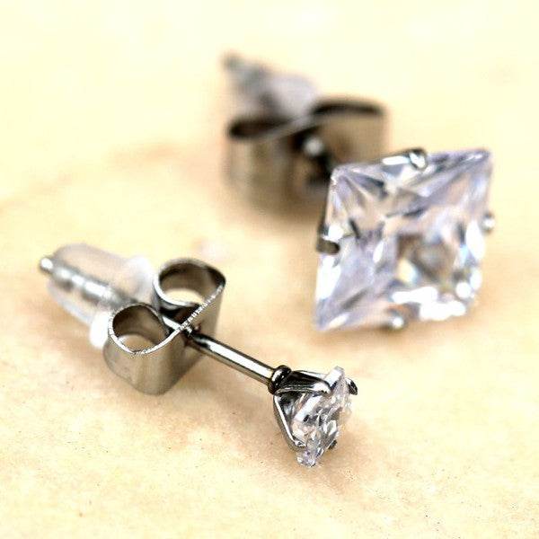 Pair of 316L Surgical Steel Clear Princess Cut CZ
