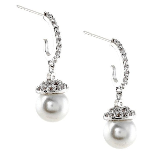 Rhodium Pearl Drop Cubic Zirconia Dangle Earrings