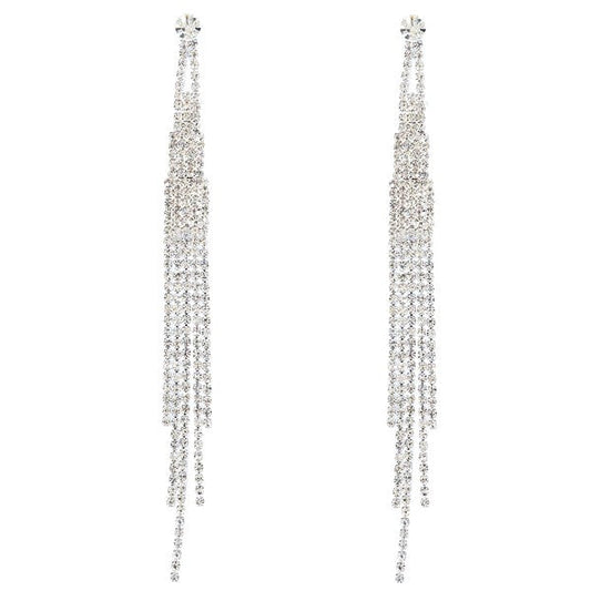 Bridal Long 5 Strands Silver Crystal Earrings