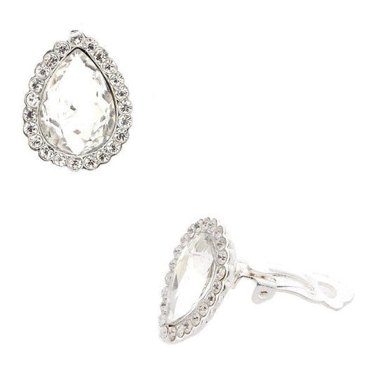Bold Pear deco Rhinestone Clipon stud Earrings