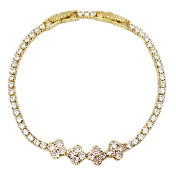 Rhinestone Four Clover Foldover Bracelet Pink